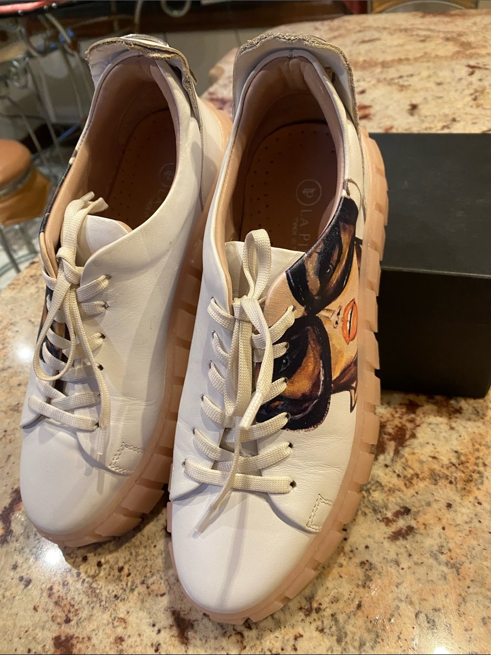 White Platform Leather Sneakers with Painted Face Accent